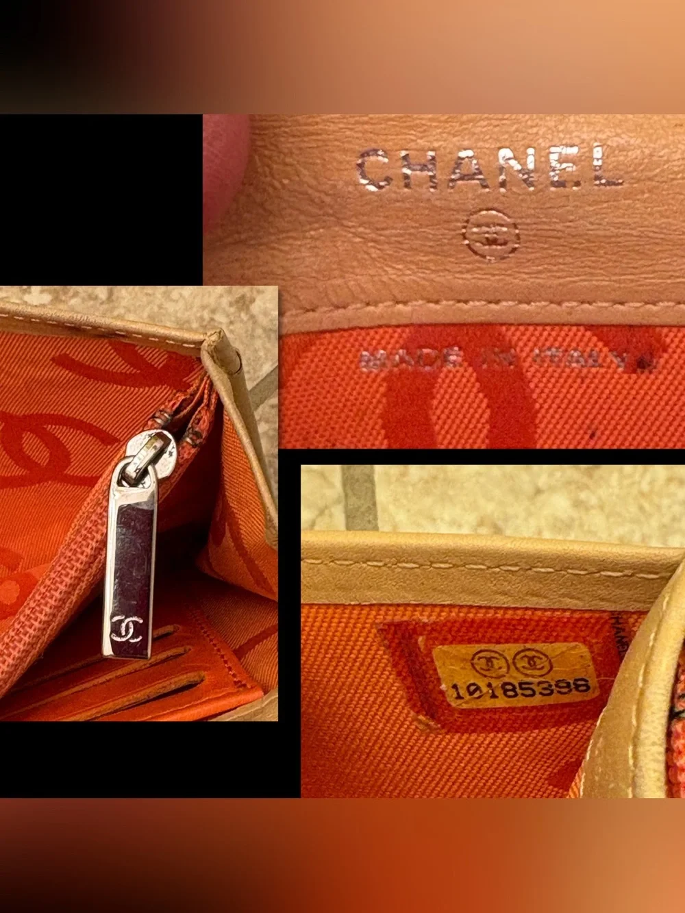 Authentic Chanel Cambon Quilted Leather Short Wallet with Orange interior